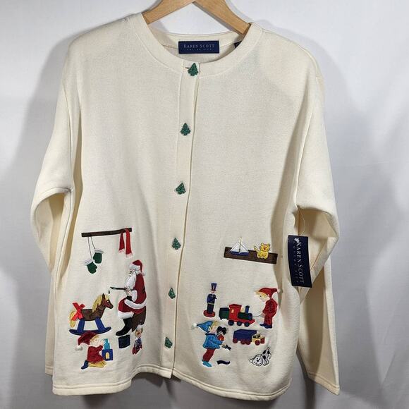 Size XL Santa's Workshop Christmas Scene Applique Buttoned Cardigan Karen Scott - Picture 2 of 11